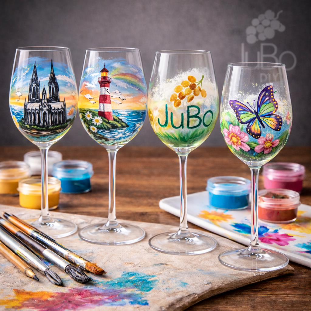 Weingläser bemalen Set - Komplett Set mit 4 Universal Weingläsern - Beispielbemalung 1