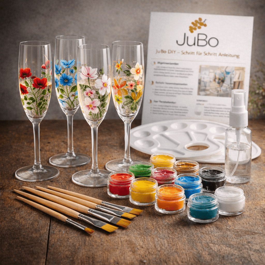 Sektgläser bemalen Set – JuBo DIY Komplett Set mit 4 Sektgläsern für kreative Glasmalerei – Bild 4